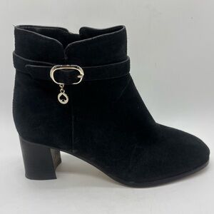 Kate Spade Blaire Black Suede Block Heel Ankle Boot Bootie Sz 6B Gold Spade Pull